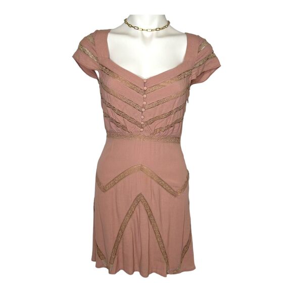 New FREE PEOPLE Dusty Toasted Mink Pink Elle Striped A-Line Mini Dress 4 Small - Picture 2 of 11